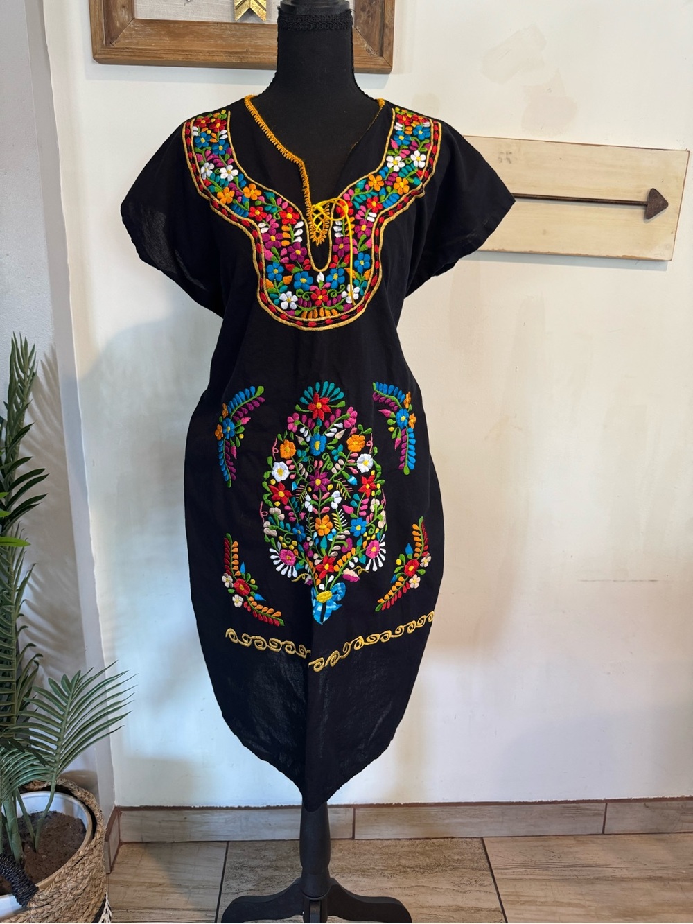 Black Embroidered Mexican-Style Midi Dress - Picture 2 of 5